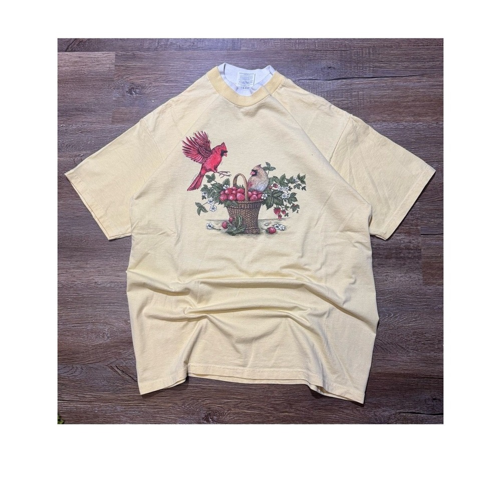 Vintage Jerzees Grandma Style Cardinal Bird Berry Basket T Shirt Yellow Mens L